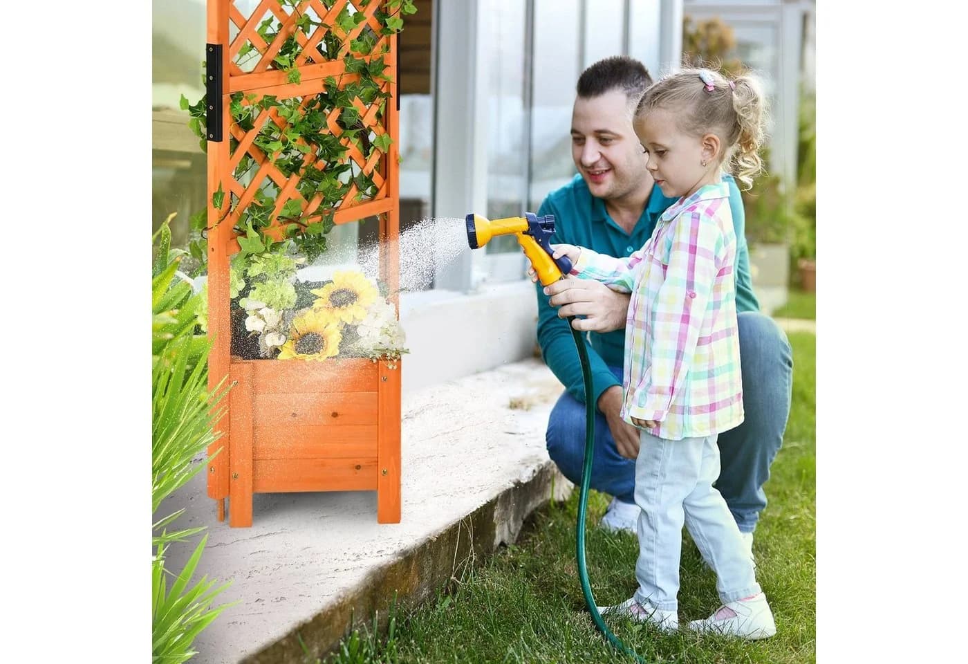 COSTWAY Blumenkasten mit Rankgitter & Drainageloch - Hochbeet 54,5x52x180 cm