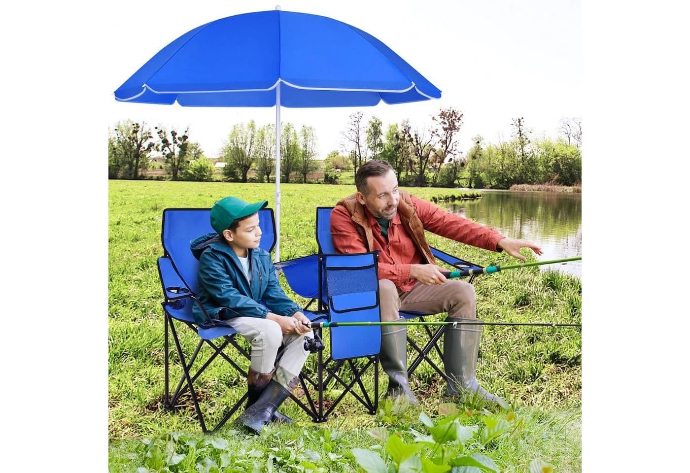 COSTWAY Campingstuhl mit Sonnenschirm & Kühltasche, faltbar