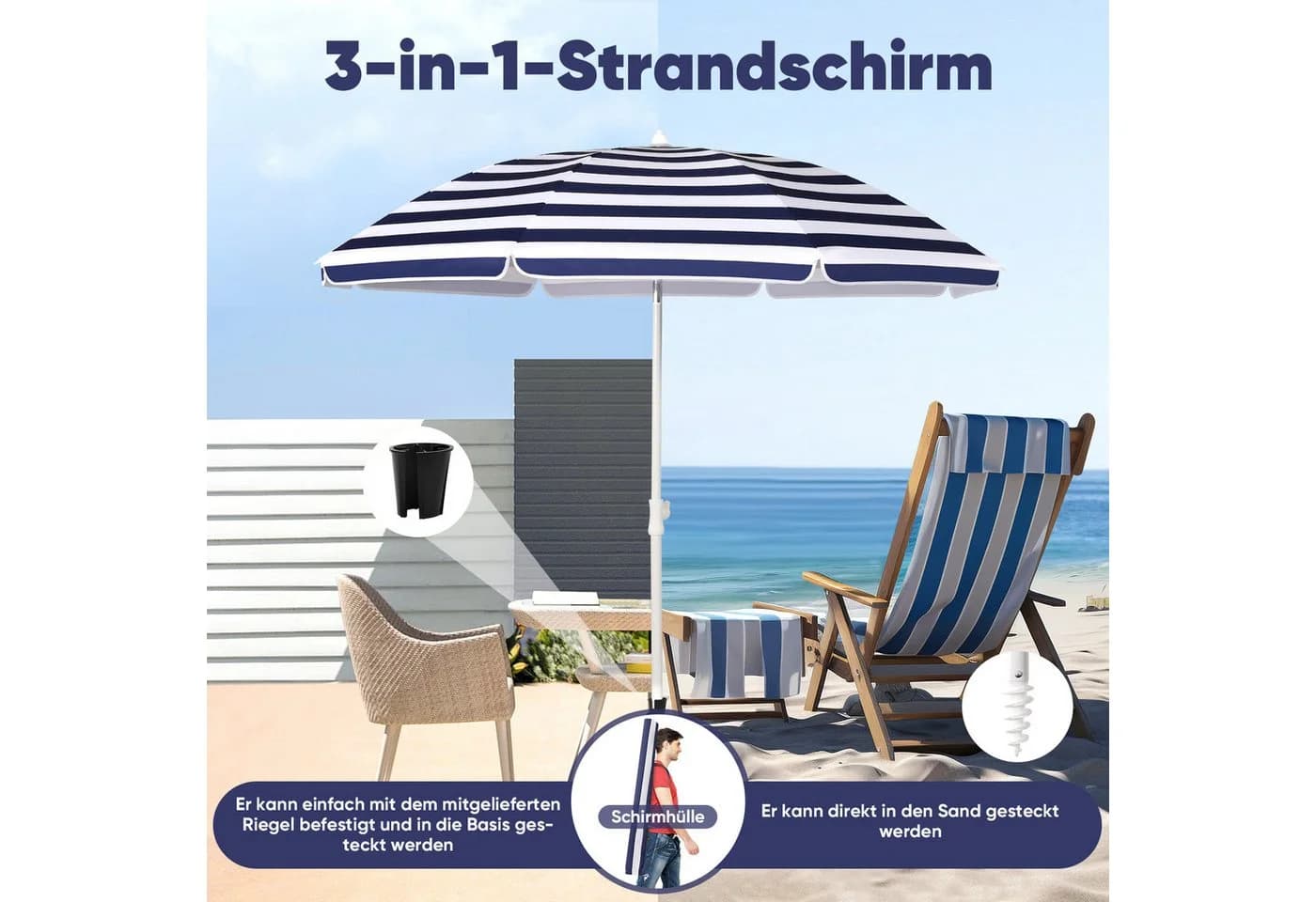 Sekey Sonnenschirm Ø180 cm Balkonschirm Terrassenschirm Blau-Weiß UV-Schutz 50+