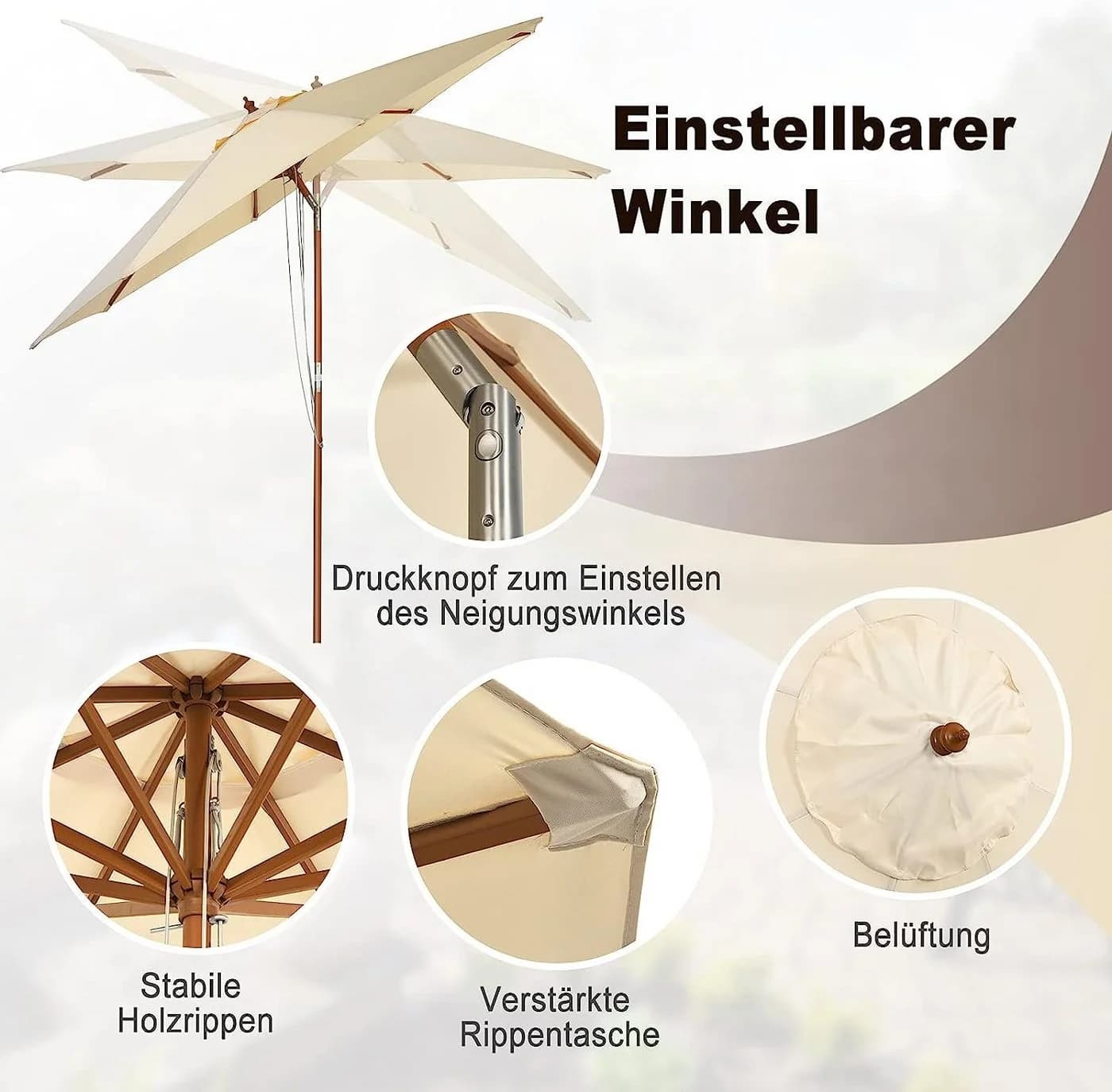 KOMFOTTEU Sonnenschirm Gartenschirm Beige mit Neigefunktion und 8 Streben