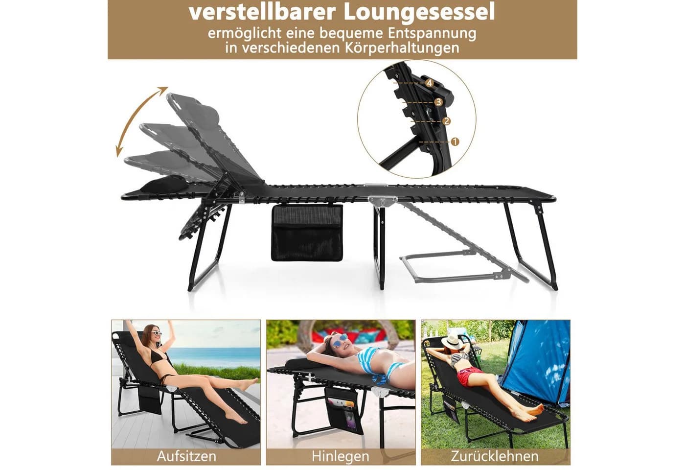 COSTWAY Gartenliege Klappbar 4-fach Verstellbar mit Kopfkissen