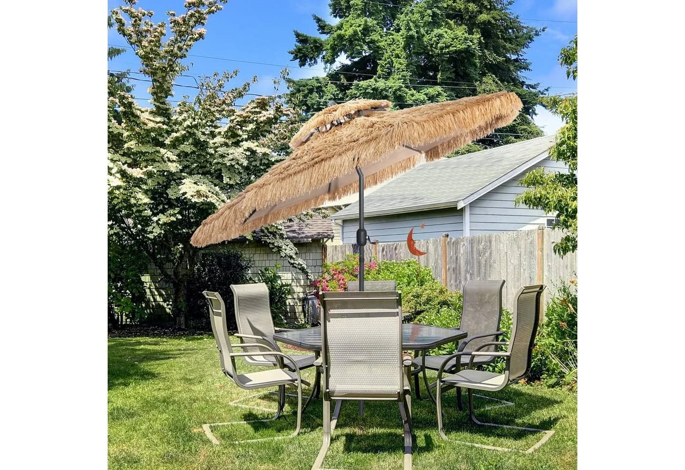 COSTWAY Sonnenschirm Tiki-Stil 285 cm neigbar mit Kurbel
