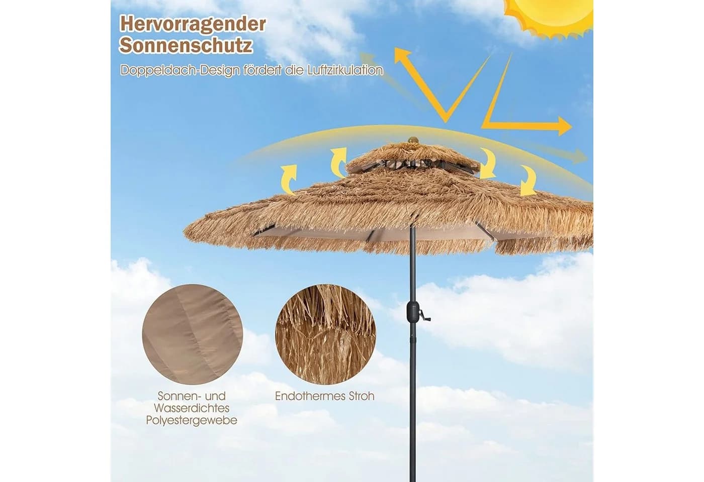 KOMFOTTEU Sonnenschirm 285cm Strohschirm mit Doppeldach & Handkurbel