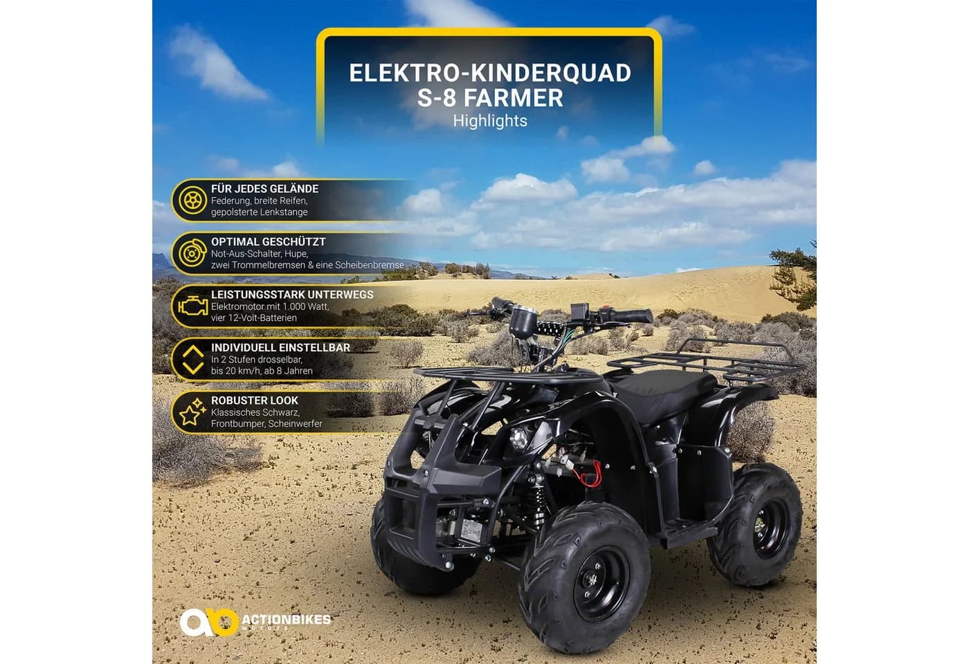 Actionbikes Motors Elektro-Kinderquad S8 1000 W 48 V Blau/Schwarz
