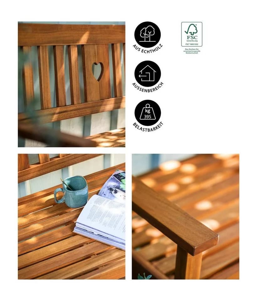 Dehner Gartenbank Heart 2- oder 3-Sitzer Braun Akazienholz Landhausstil
