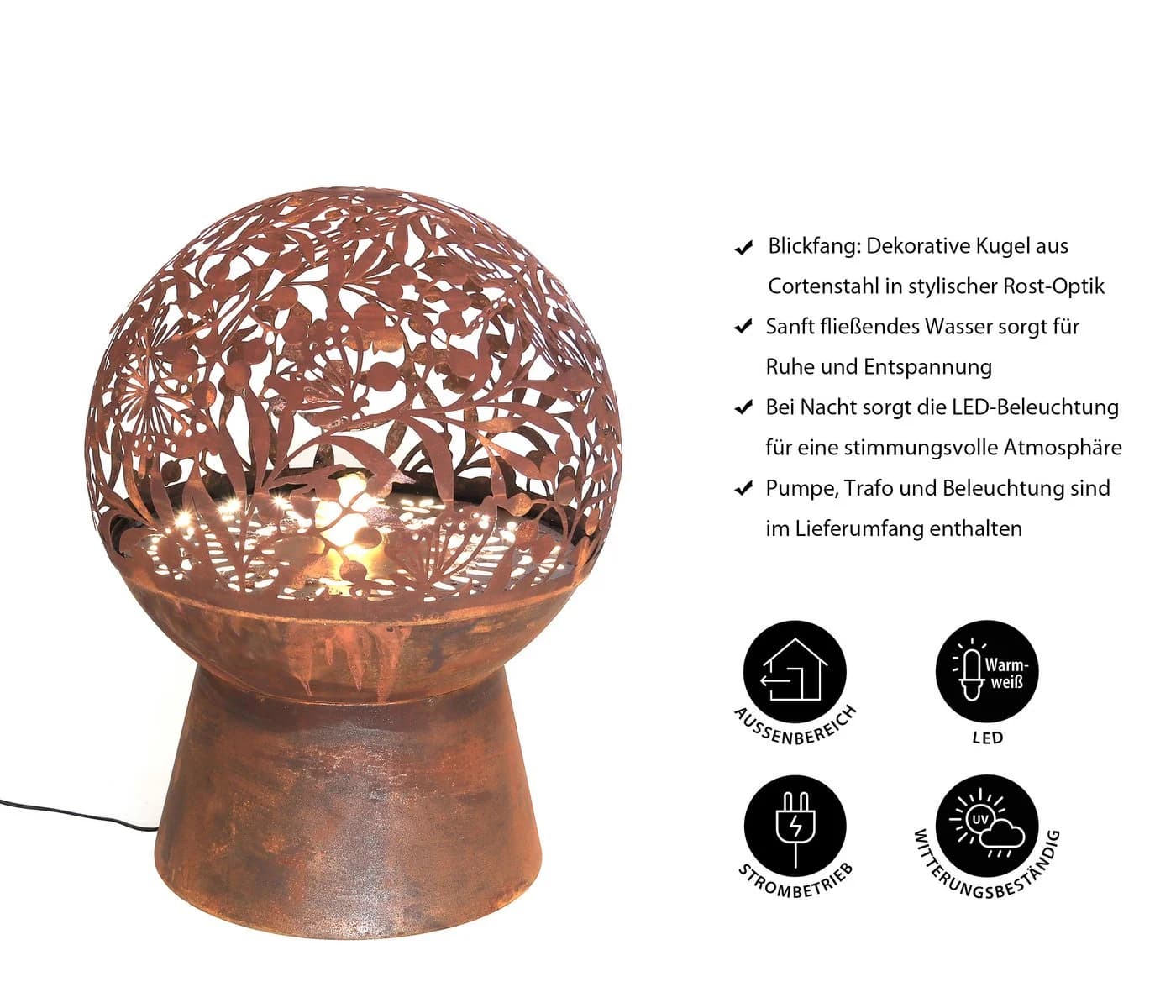Dehner Gartenbrunnen Floral Cortenstahl mit LED-Beleuchtung