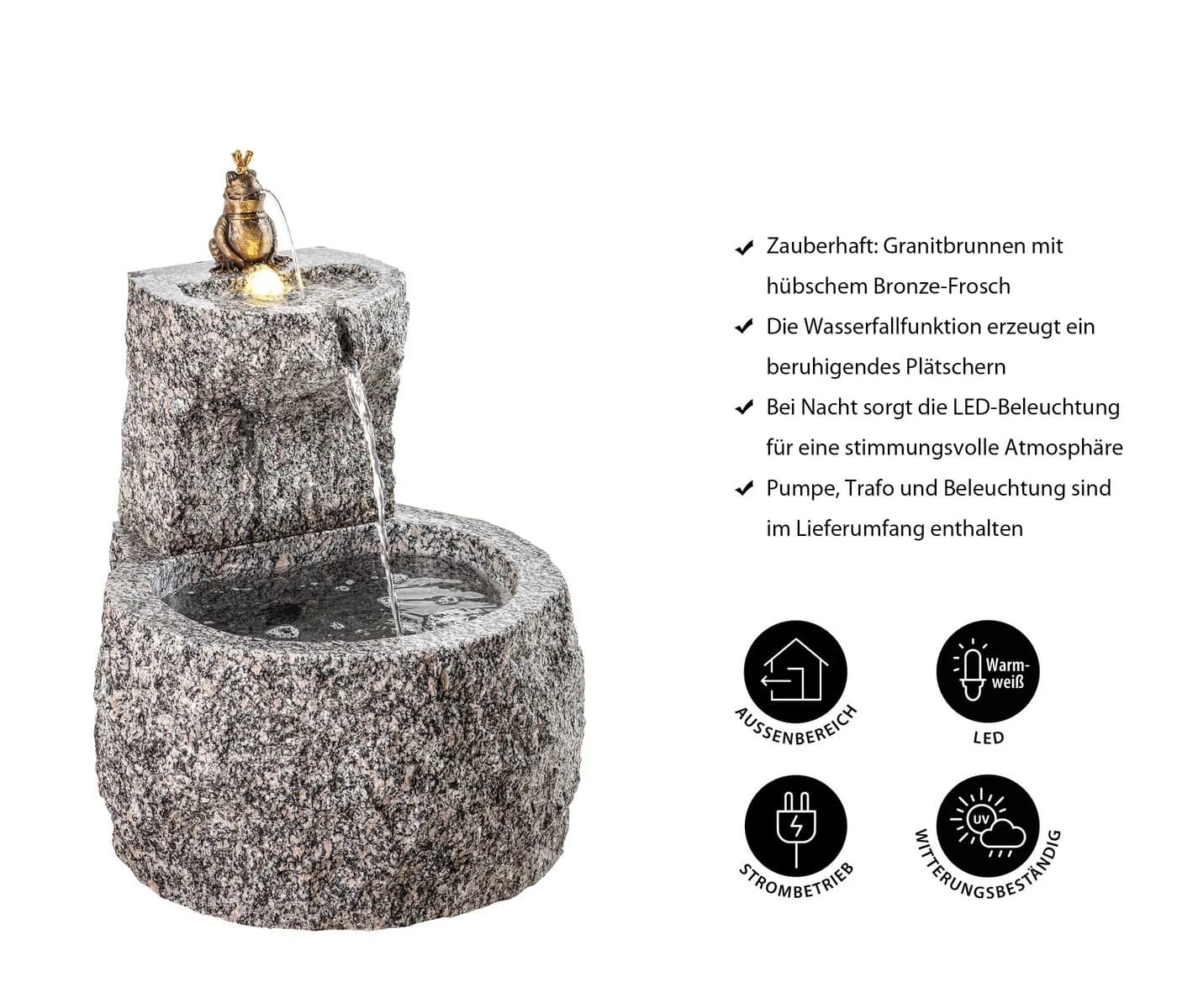 Dehner Gartenbrunnen Froschkönig mit LED, Ø 50 x 55 cm, Granit, Wassersprinkler mit Frosch aus Bronze