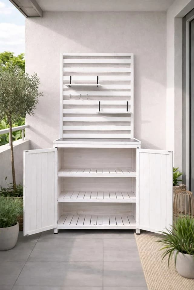 Leco Garten-Geräteschrank Gartenregal THEA Tannenholz Weiß