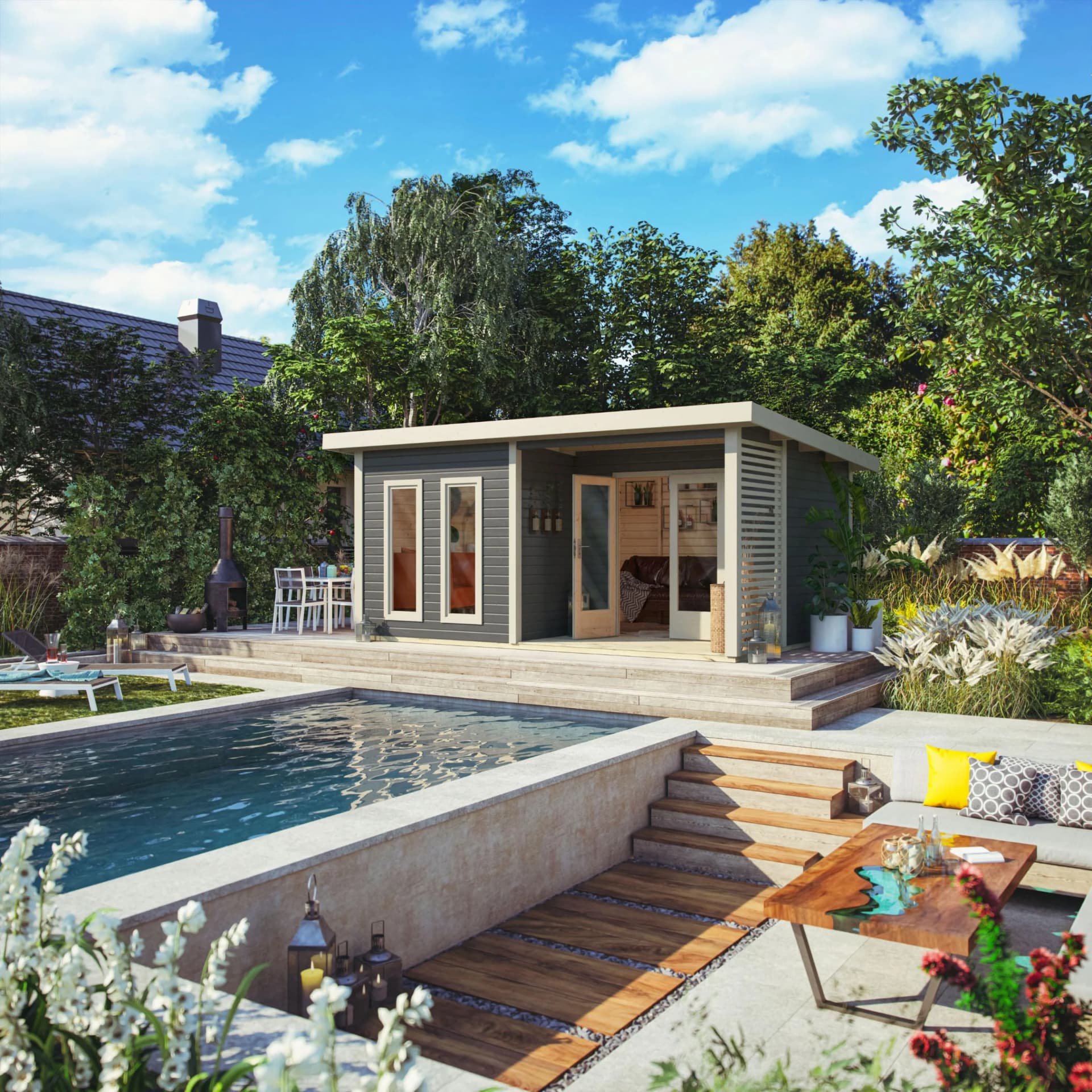 Gartenhaus KARIBU Rabensee 5 Terragrau Holzwerkstoff