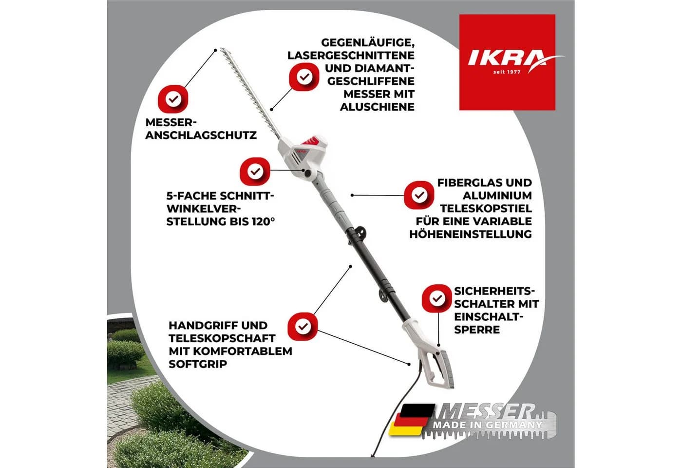 IKRA Teleskop-Heckenschere ITHS 600 bis 2,40 m Arbeitshöhe Laser- & diamantgeschliffene Qualitätsmesser Made in Germany
