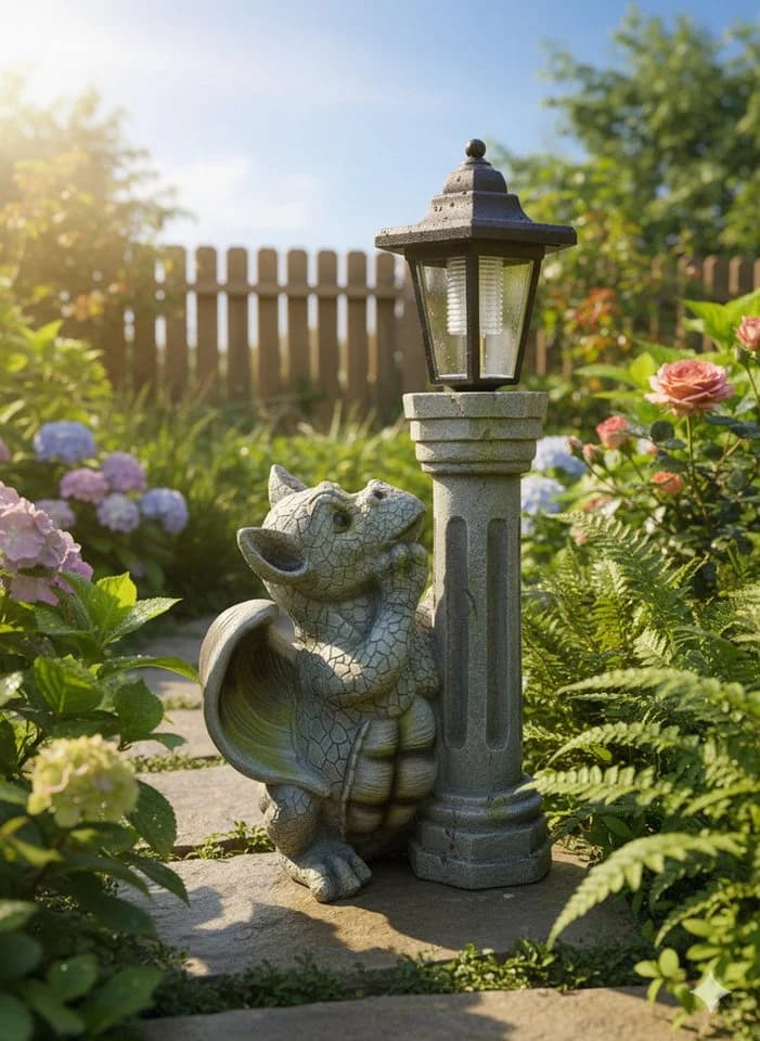 Kremers Schatzkiste Gartenfigur Drache mit LED Solarlaterne 45cm