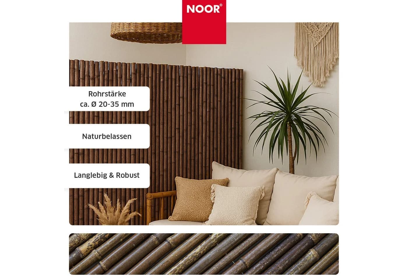 NOOR Sichtschutzzaunmatten Bambusmatte DELUXE Schwarz Extra Dicke Bambusstäbe