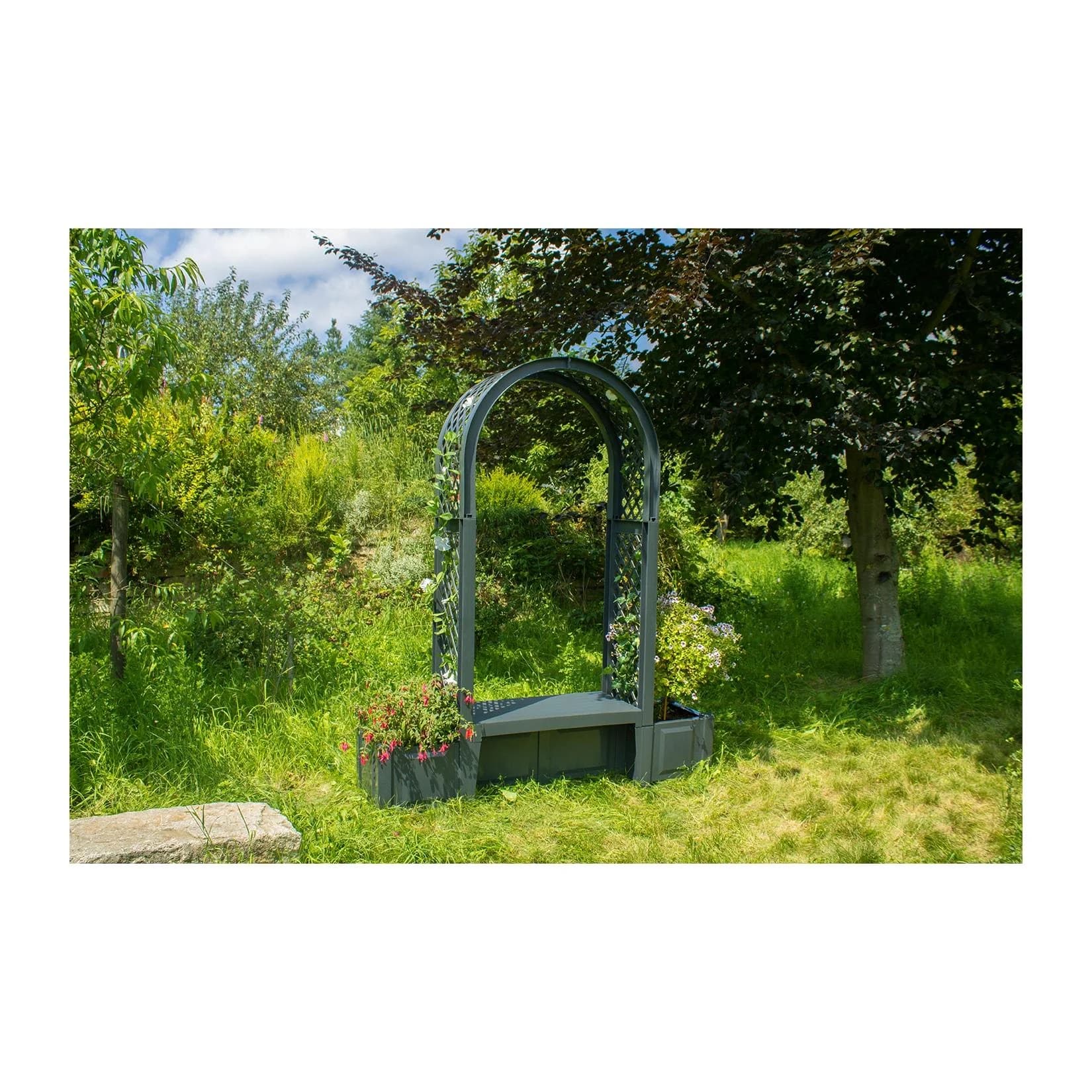KHW Gartenbank Brüssel Anthrazit mit Rosenbogen und Pflanzkästen