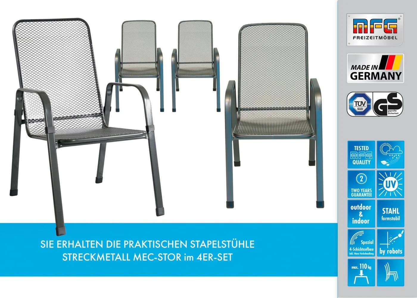 MFG Freizeitmöbel Stapelstuhl Mec-Stor 4-er Set Anthrazit