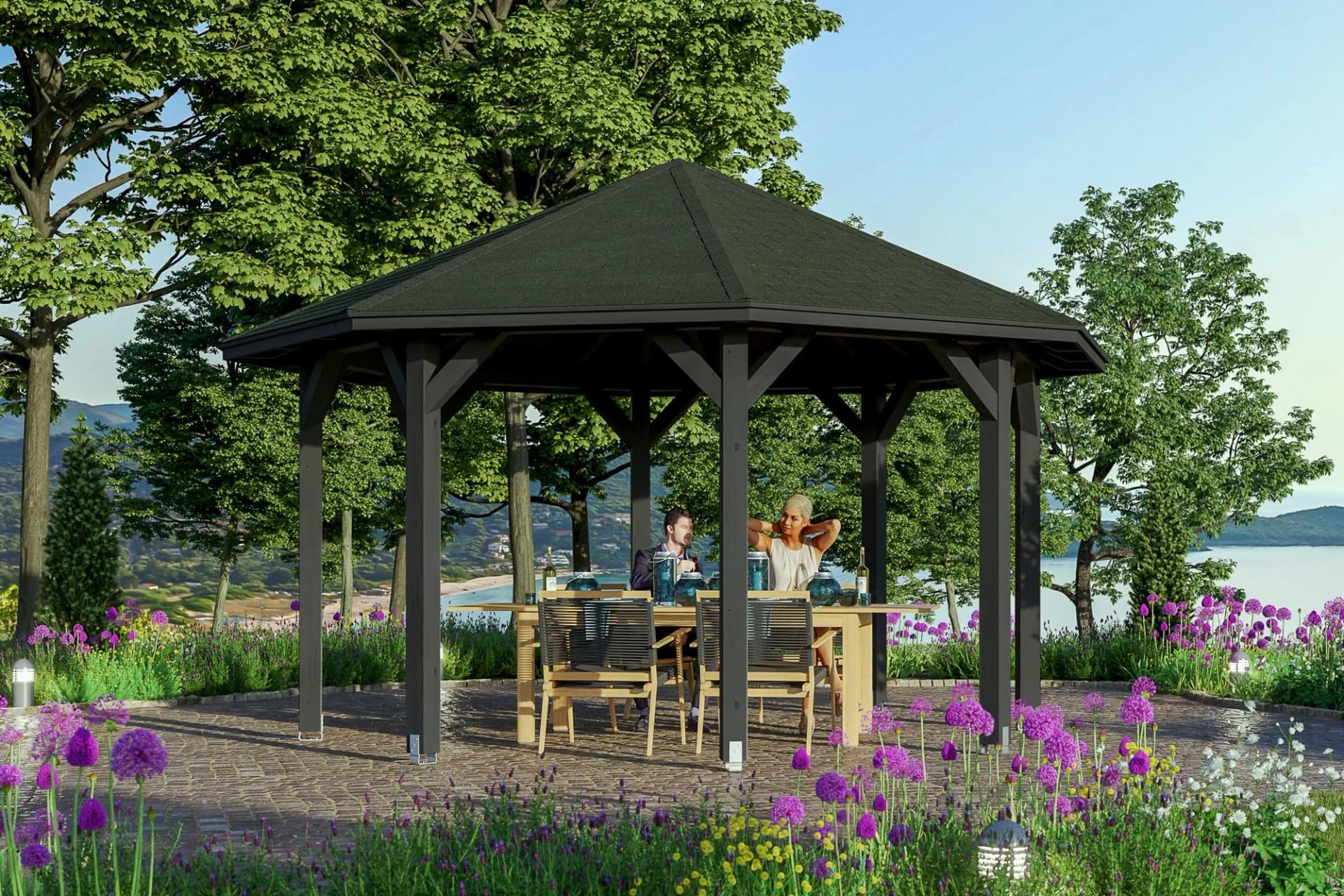 Anthrazitfarbener 8-Eck Pavillon aus Leimholz und BSH-Fichte