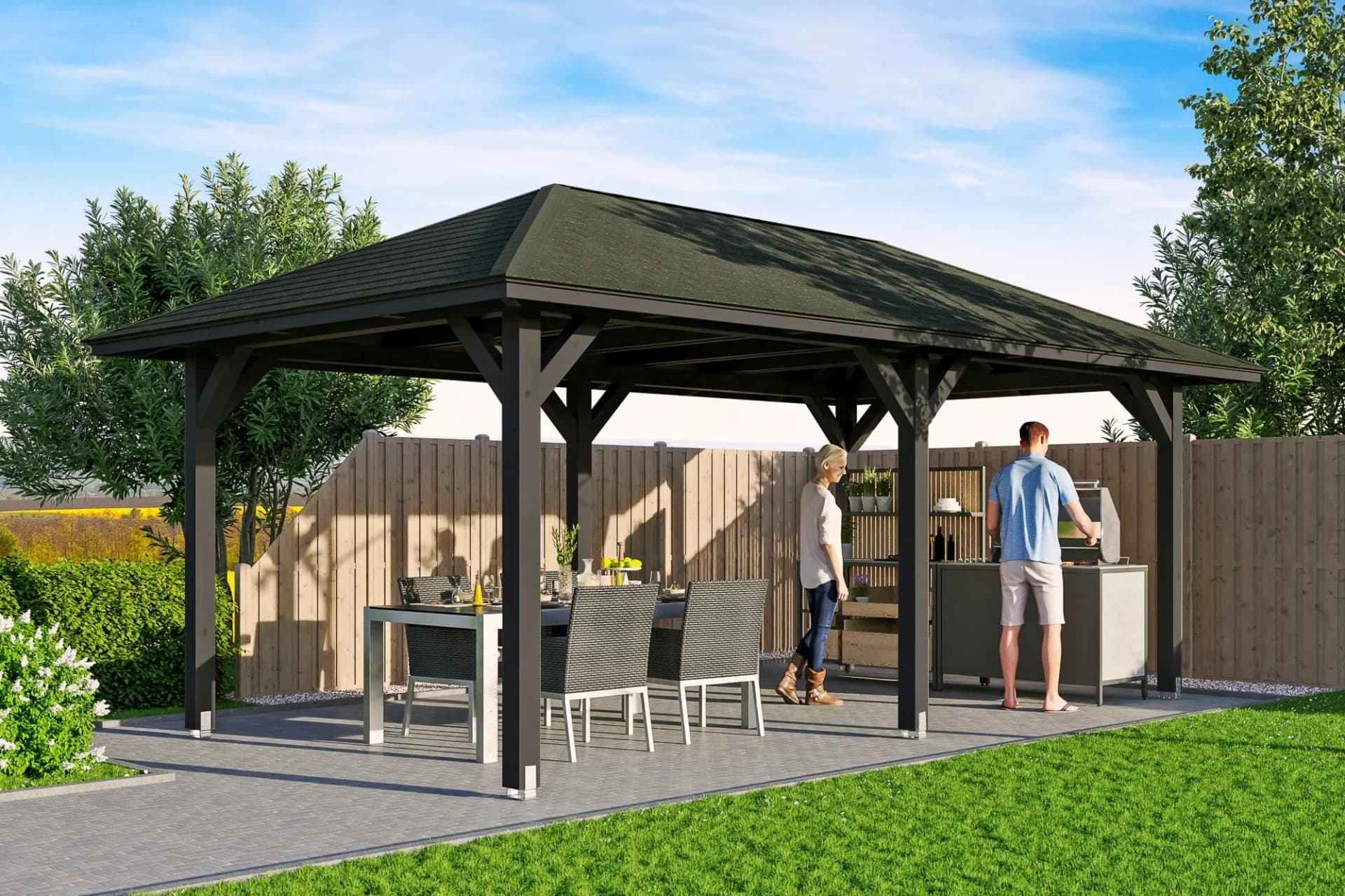 Anthrazitfarbener Pavillon aus Leimholz und BSH-Fichte