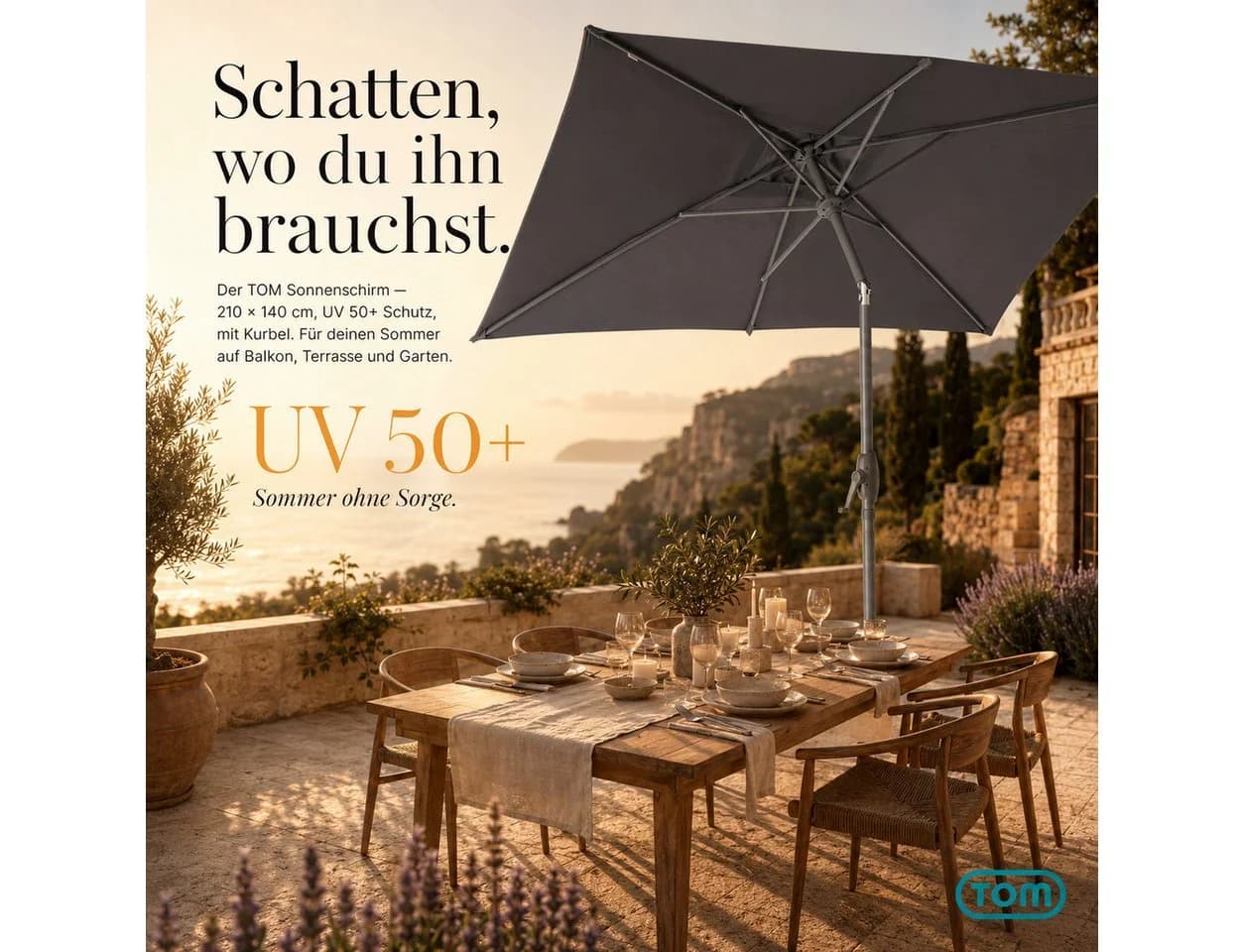 TOM Sonnenschirm Anthrazit UV-Schutz 50+ Abknickbar