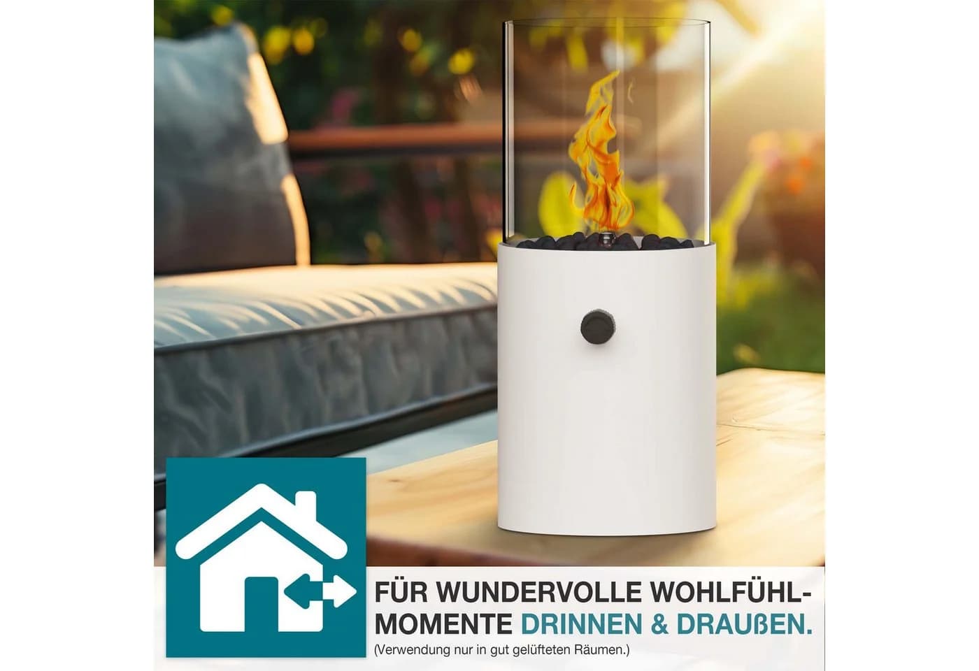 TOM Tischkamin Gas mit 3x 190g Kartuschen, 12h Brenndauer, Dekosteine, Schwarz