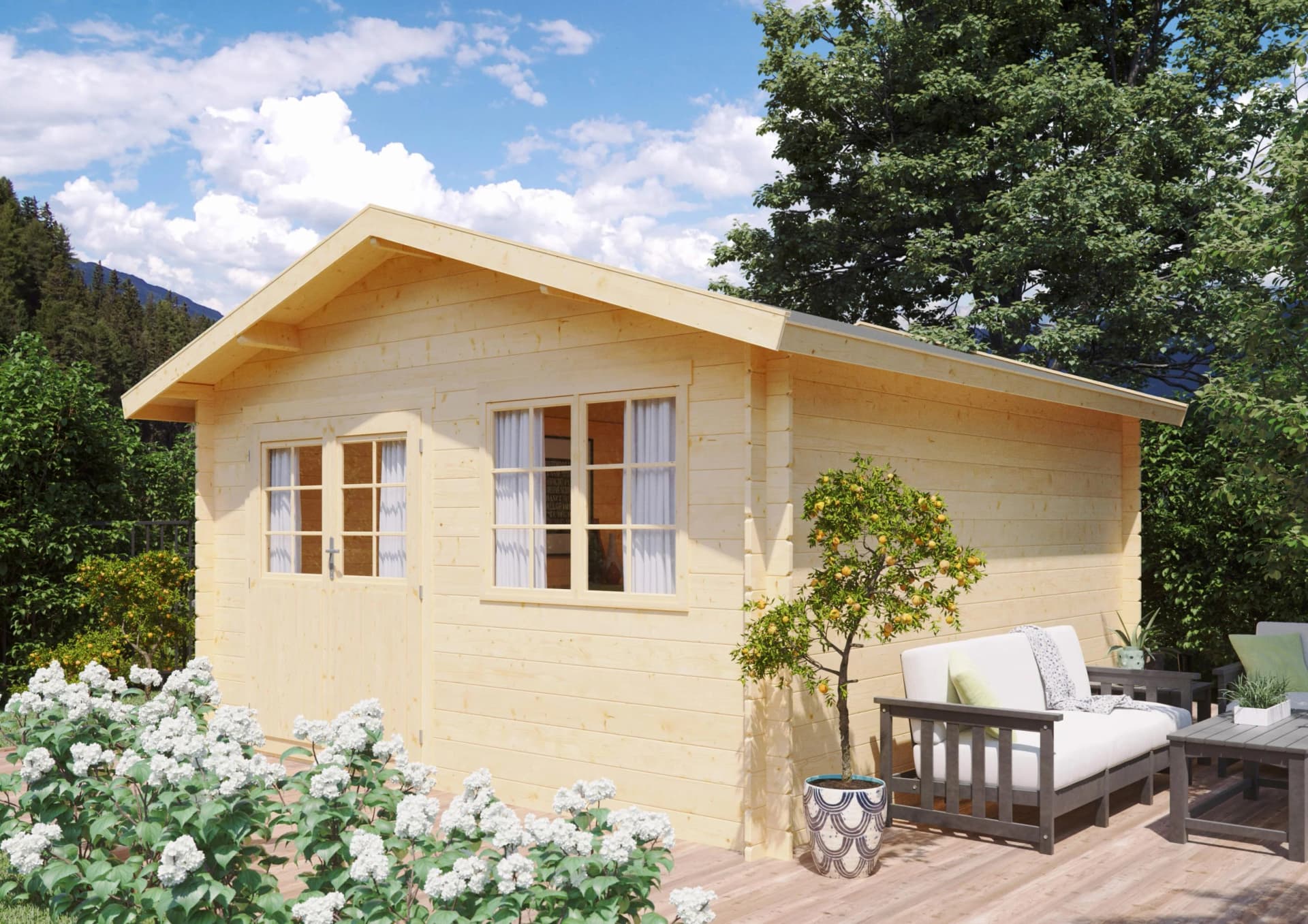 Gartenhaus im Blockbohlensystem mit Satteldach und Doppelflügeltür
