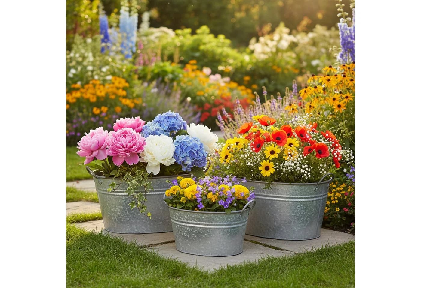 colourliving Blumentopf 3er Set Zinkwannen oval Silber