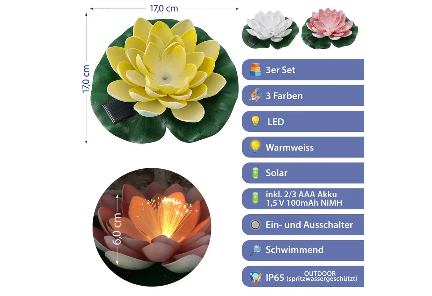 CEPEWA LED Seerose Solar 3er Set Gelb Rosa Weiß