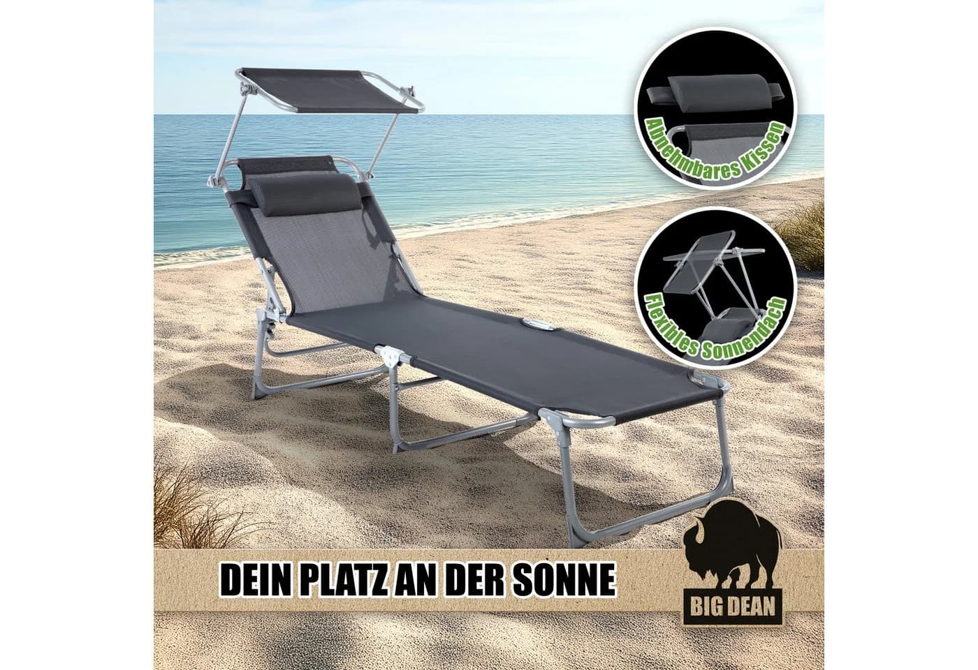 BigDean Gartenliege Sonnenliege klappbar mit Kopfkissen & Dach extra hoch dunkelgrau 150kg