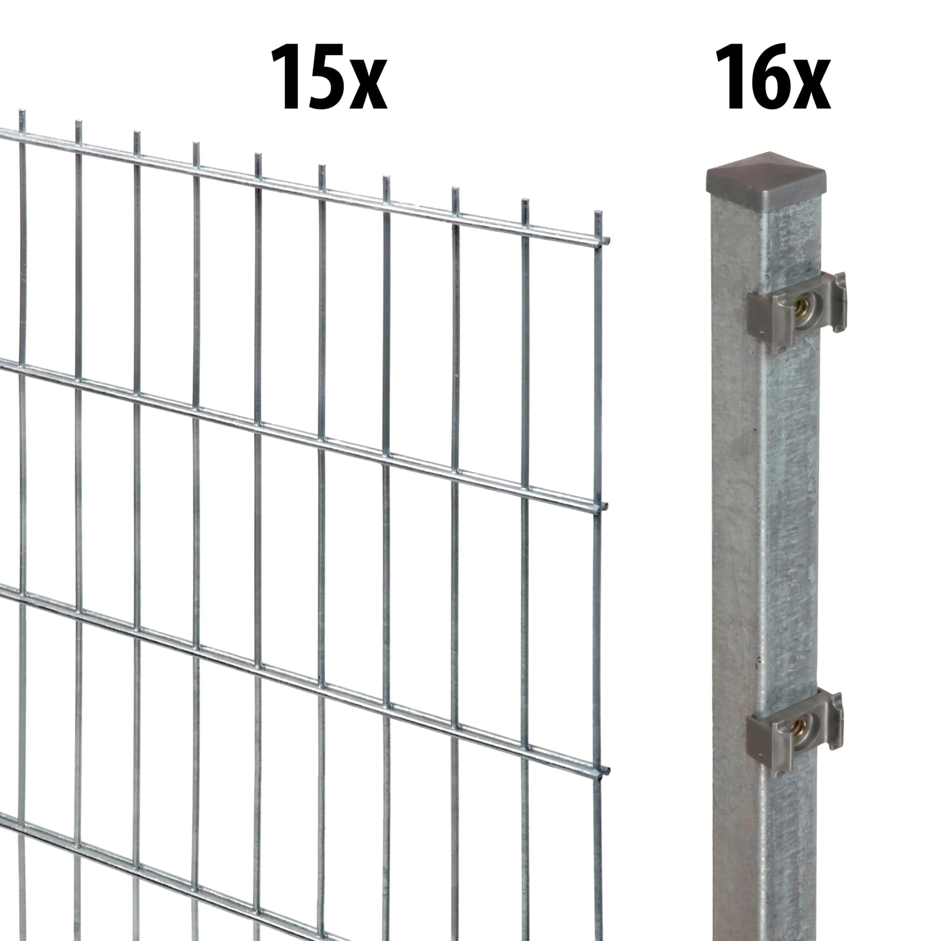 GARDEN 'N' MORE Doppelstabmattenzaun Grau 180 cm mit 15 Elementen & 16 Pfosten