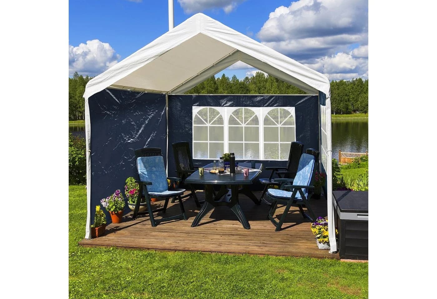 relaxdays Pavillon Seitenwand 4er Set Blau mit Fenster und Reißverschluss