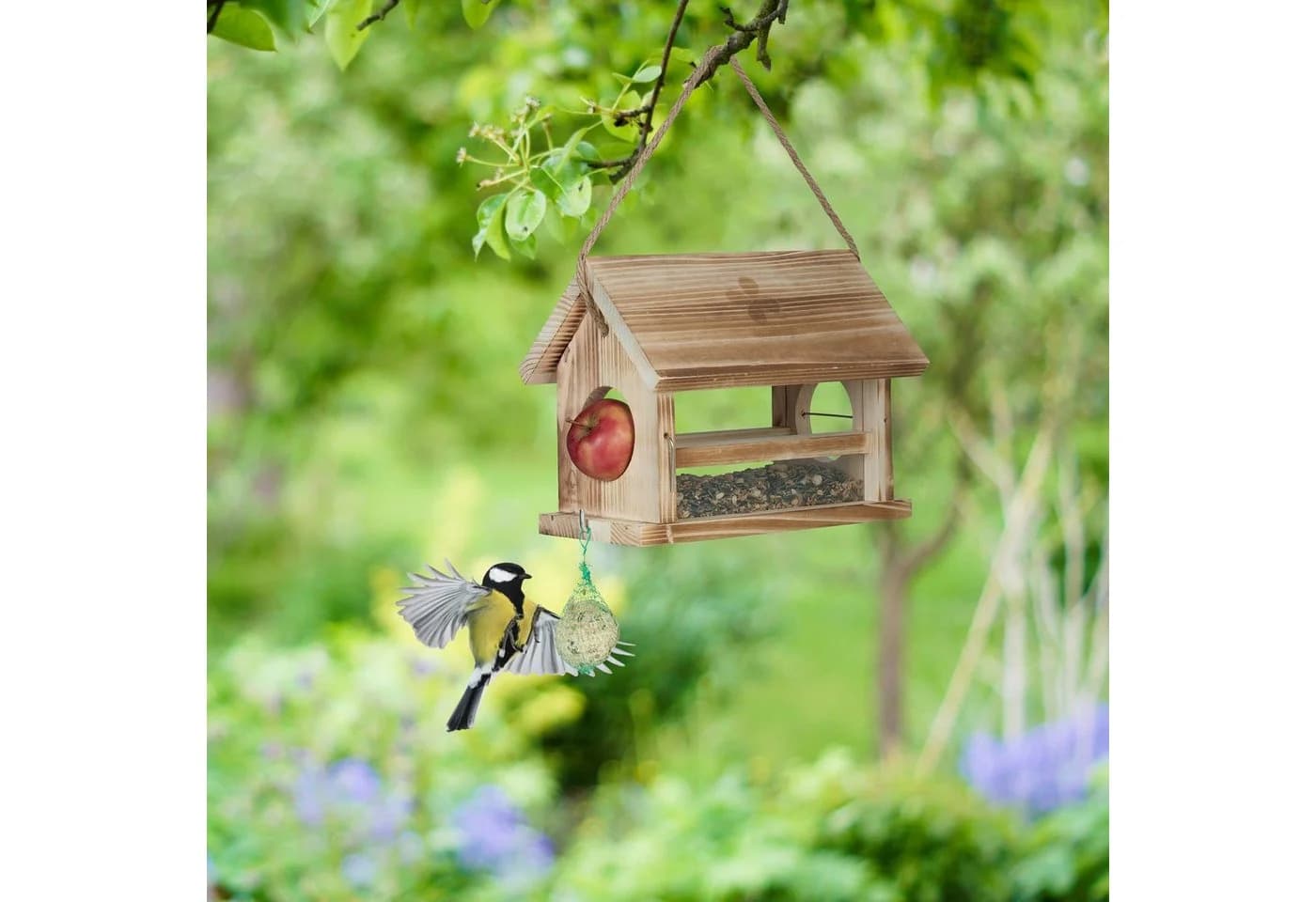 relaxdays Vogelhaus Wetterfest mit Meisenknödelhalter & Apfelhalter