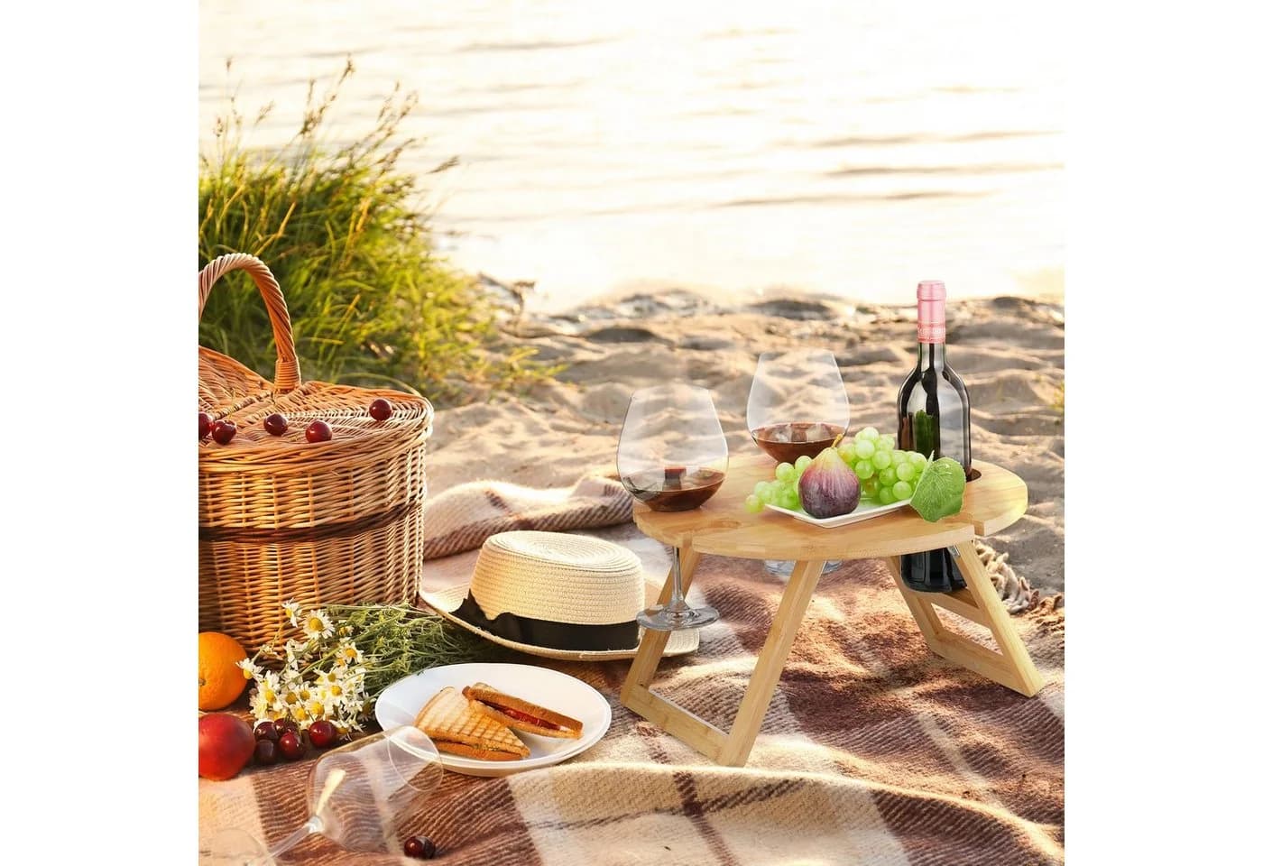 relaxdays Picknick Weintisch Bambus