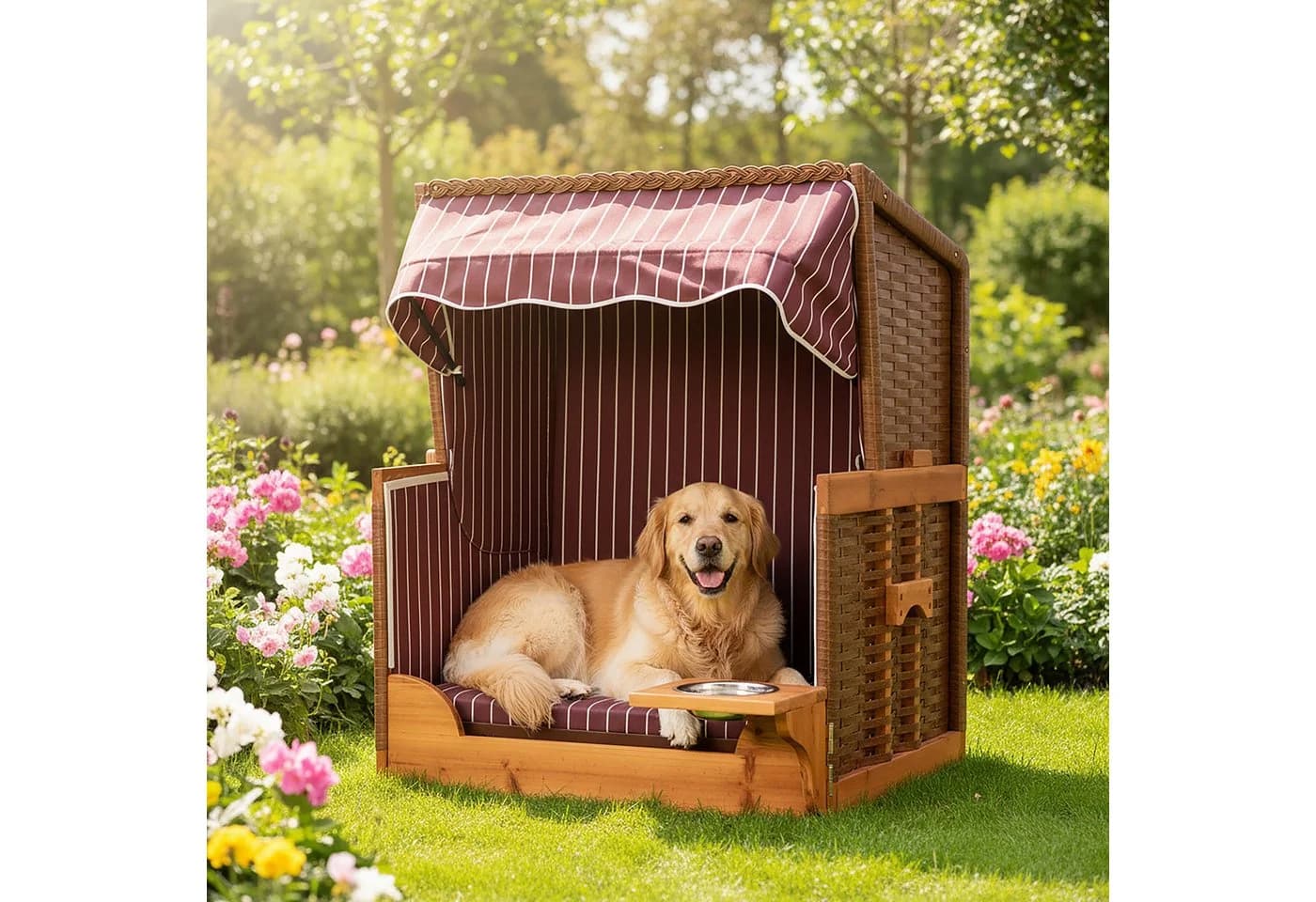 relaxdays Hundestrandkorb Holz & Rattan mit Napf maritim