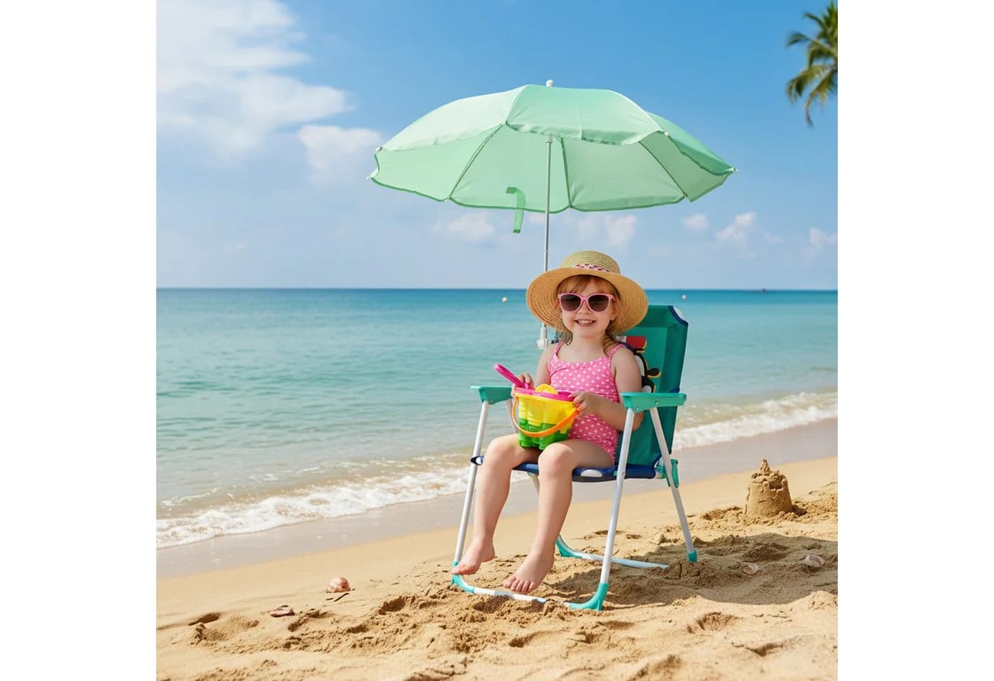 relaxdays Kinderklappstuhl mit Sonnenschirm Blau/Türkis/Weiß