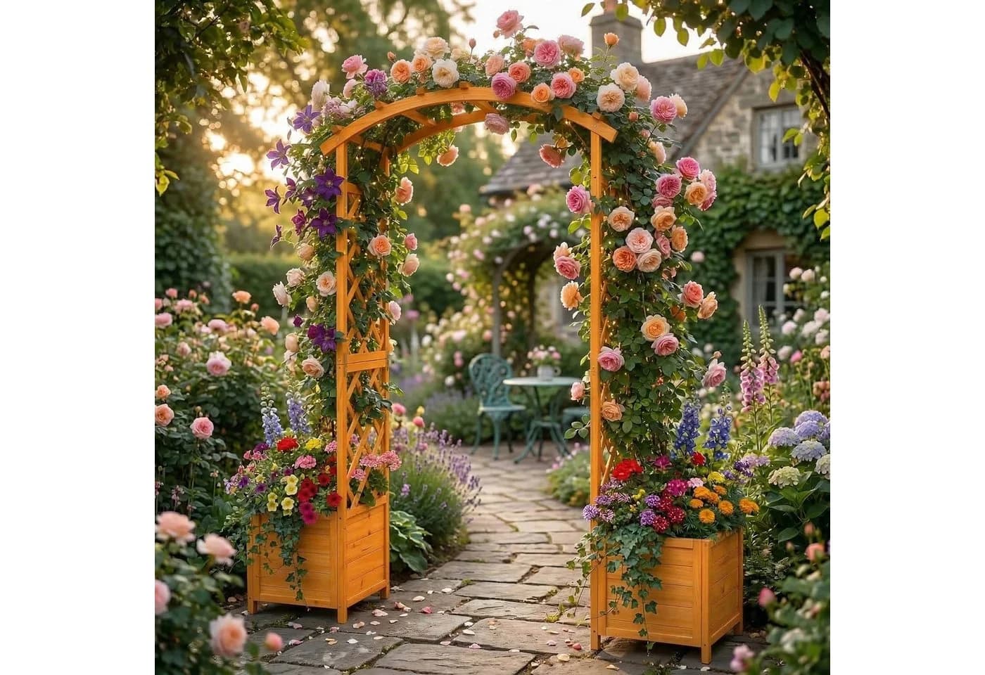 relaxdays Rosenbogen mit Pflanzkübeln Orange Tannenholz