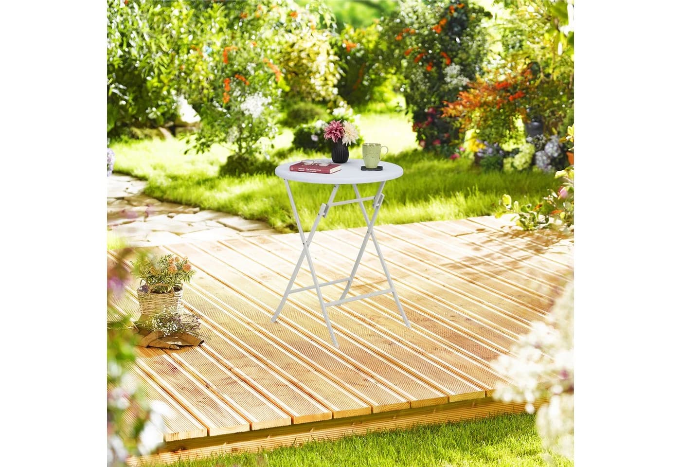 relaxdays Runder Gartentisch in Rattan-Optik Weiß Klappbar