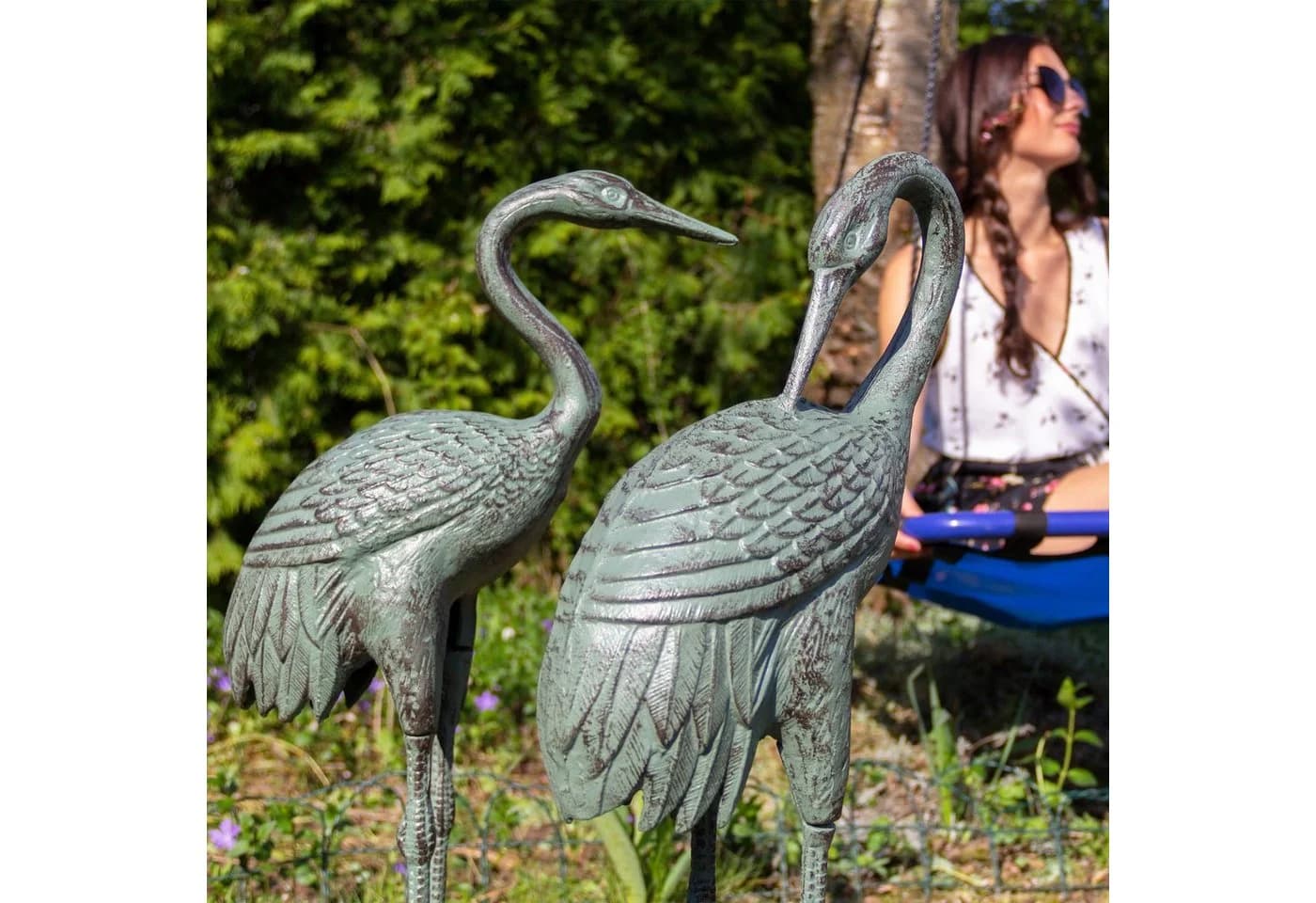 relaxdays Gartenfigur Kranich Gusseisen Grün