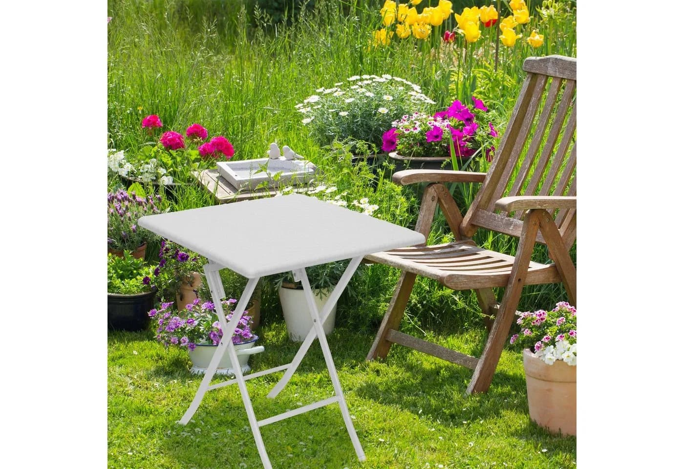 relaxdays Klapptisch BASTIAN Gartentisch Weiß Quadratisch Klappbar