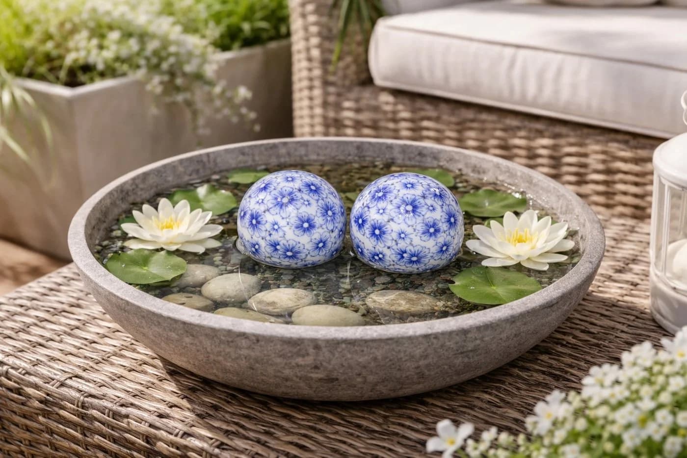 finehomegarden Teichfigur Schwimmkugel blau/weiß Porzellan Deko Set