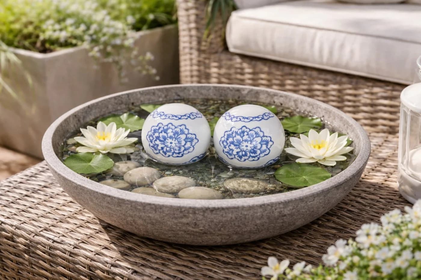 finehomegarden Schwimmkugel Set Porzellan weiß-blau Blütenmuster