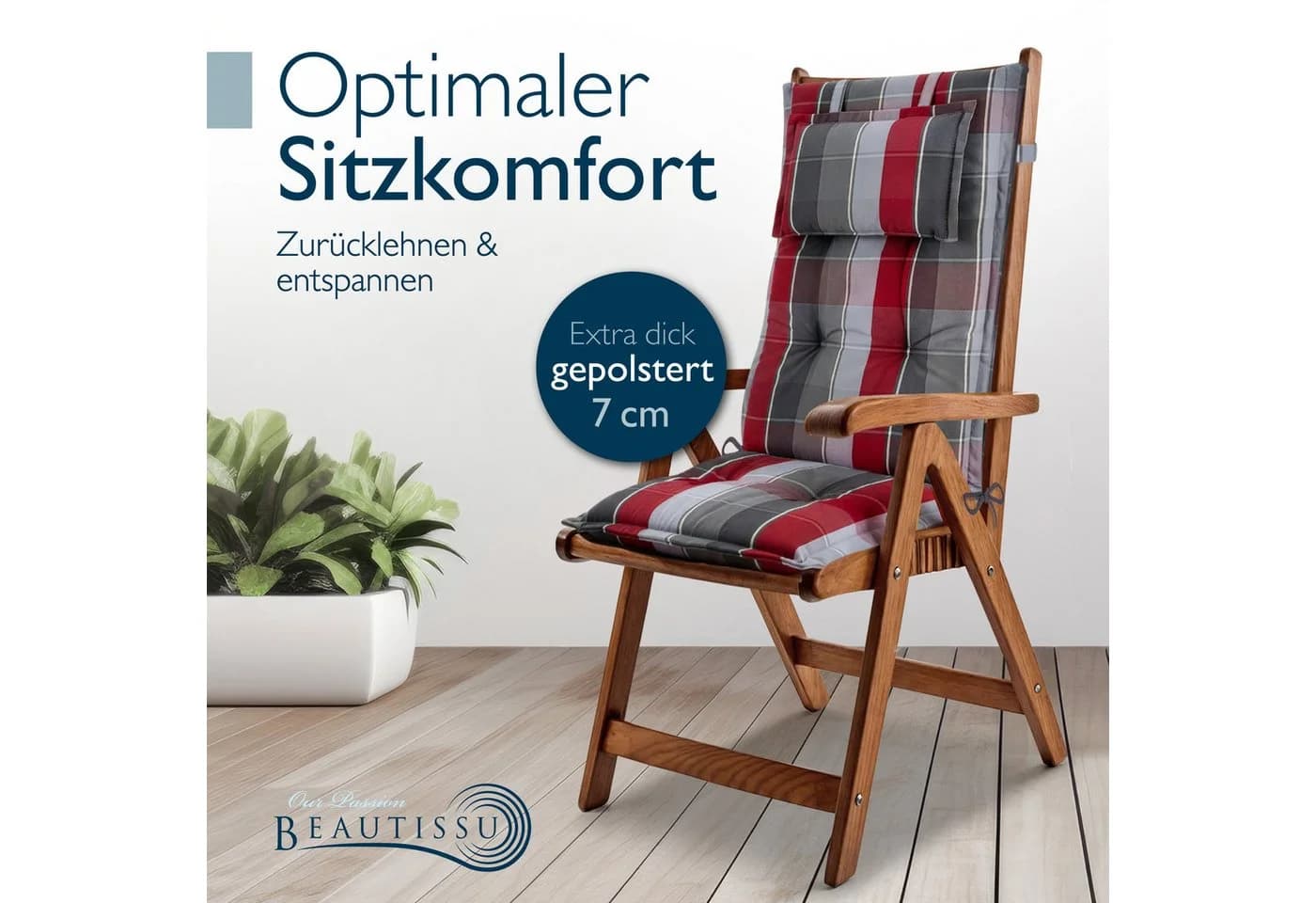 Beautissu 4x Hochlehnerauflage Grau-Rot-Hellblau Kariert UV-beständig