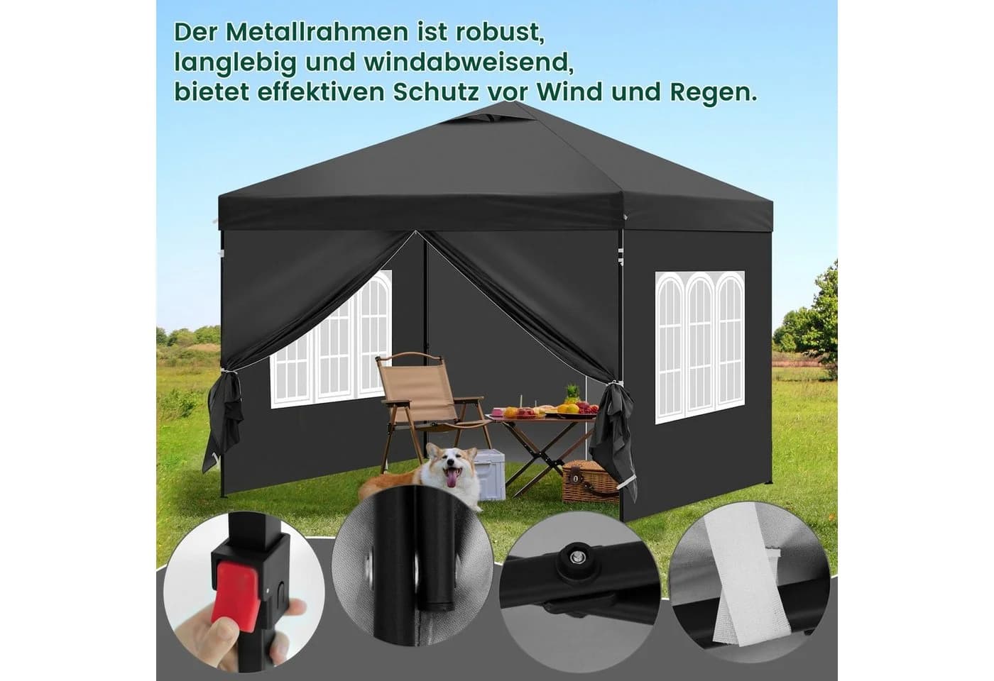 EUGAD Pavillon 3x3 m mit Seitenwänden höhenverstellbar UV-Schutz wasserfest