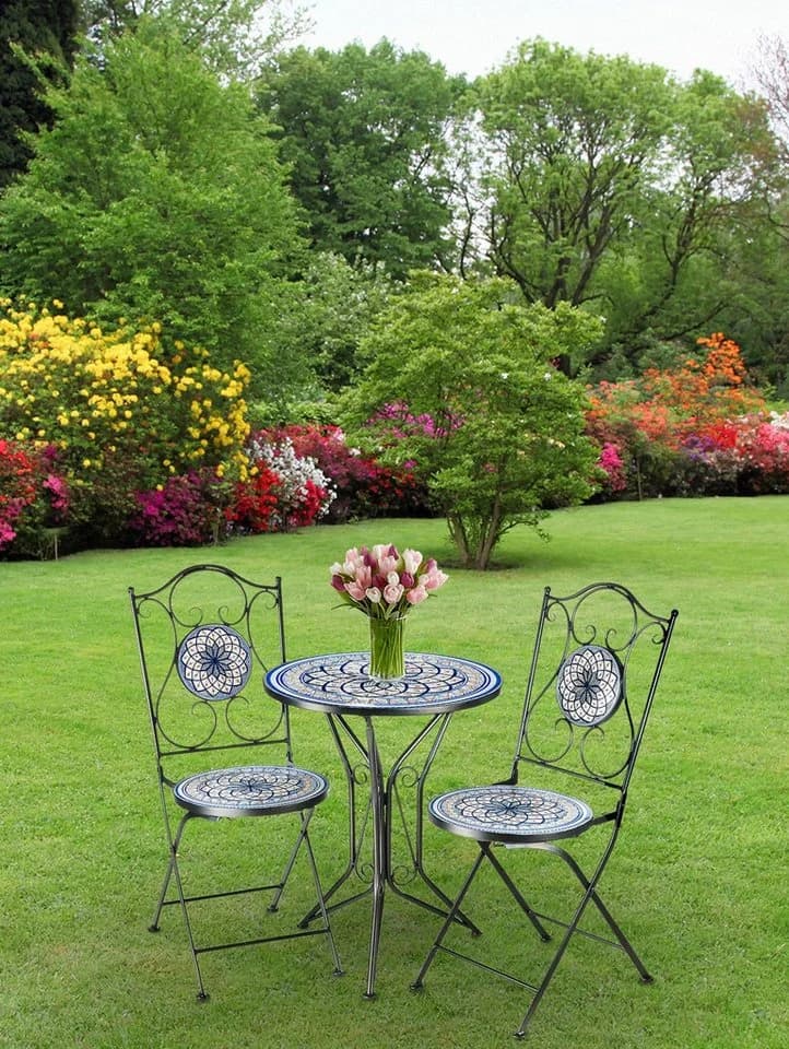 Kobolo Balkonset Sitzgruppe Gartenmöbel Tisch Stühle Metall Mosaik Blau Weiß