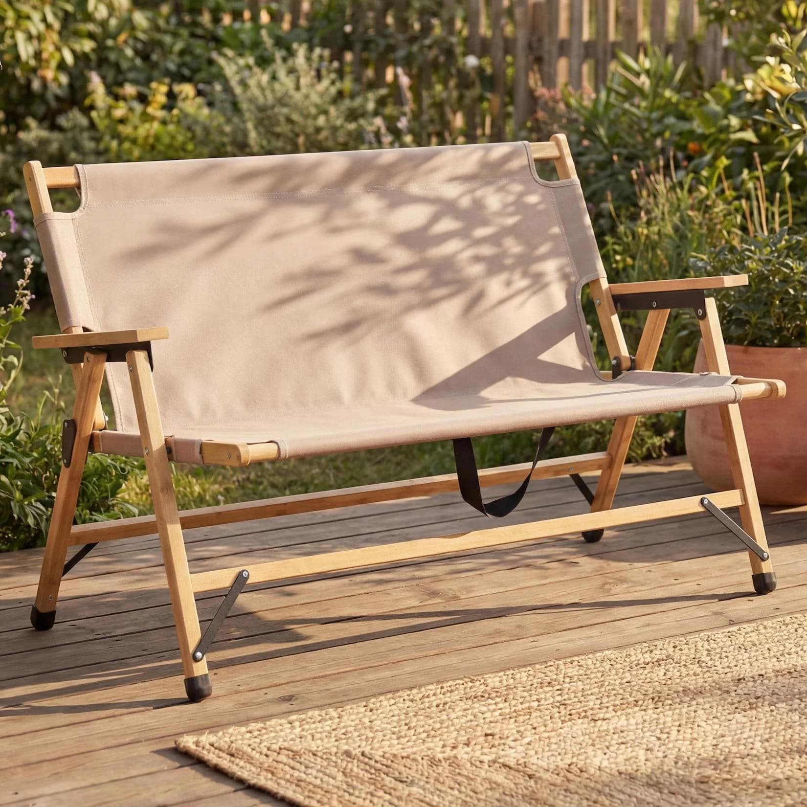 MCW Bambus Campingbank klappbar mit Tragegriff, Outdoorbank creme