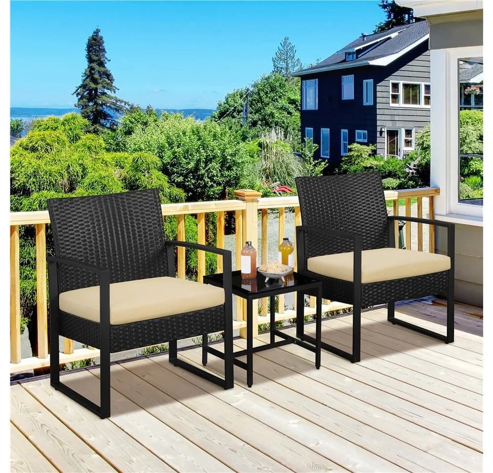 Yaheetech Balkonset 3-teilig Schwarz/Khaki Rattan-Optik mit Glasplatte