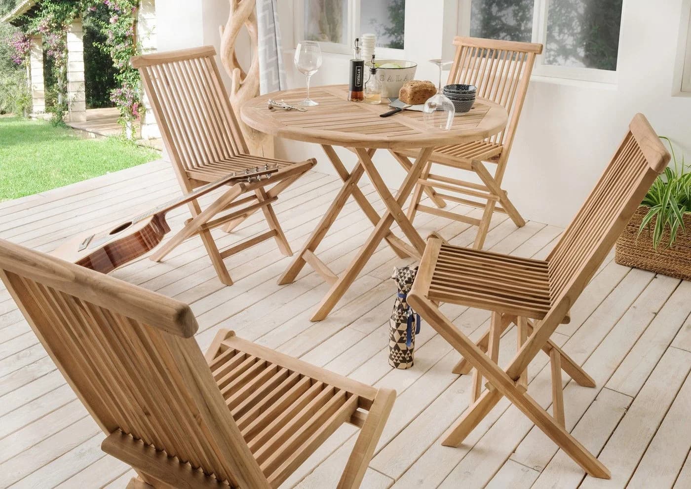 More2Home Gartentisch FLEX massiv rund 90 cm Teakholz
