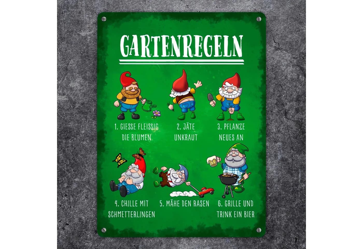 speecheese Gartenregeln Metallschild XL 21x28 cm mit lustigen Gartenzwergen
