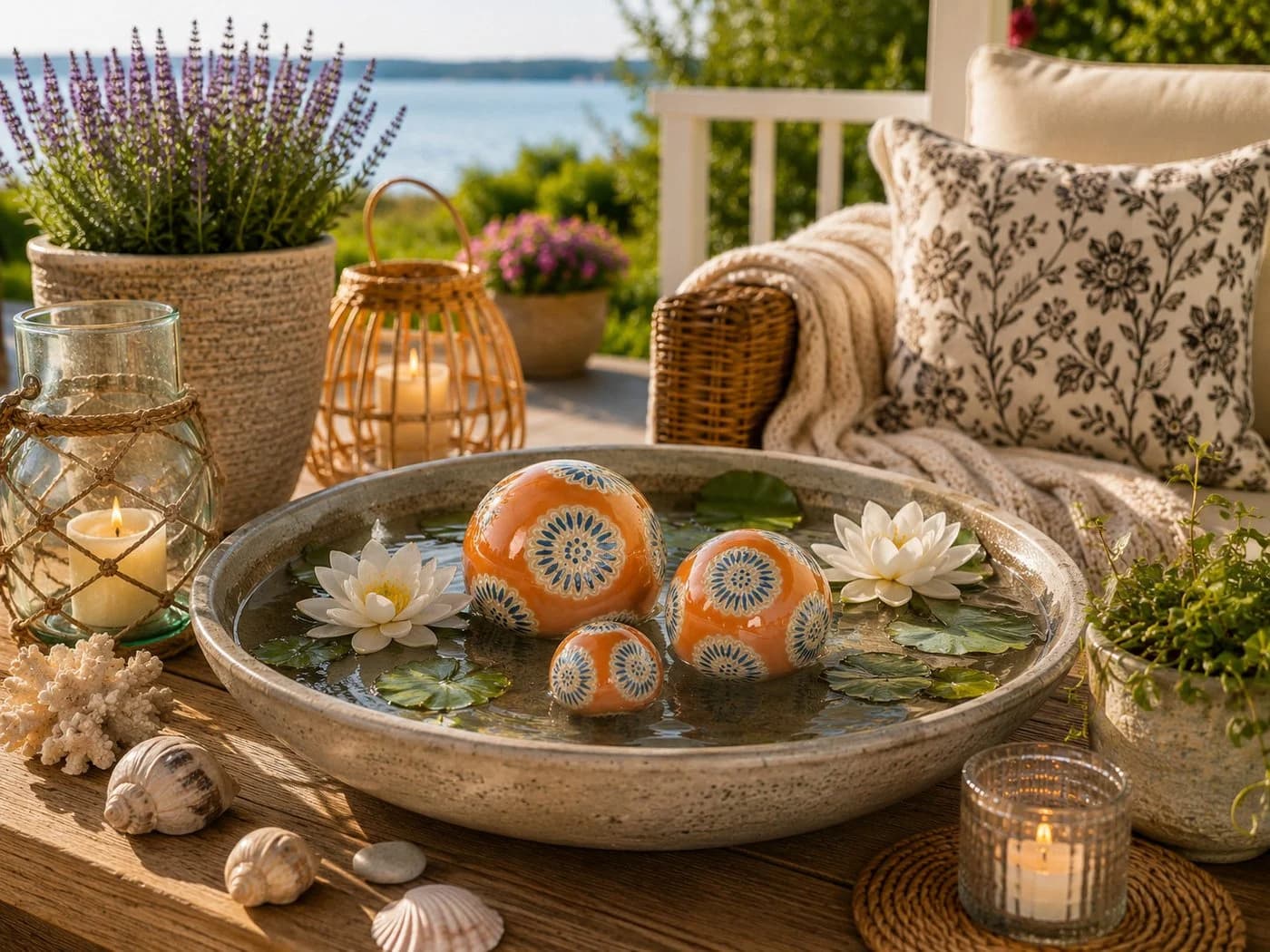 finehomegarden 3er Set Schwimmkugeln Porzellan orange-blau Blütenmuster