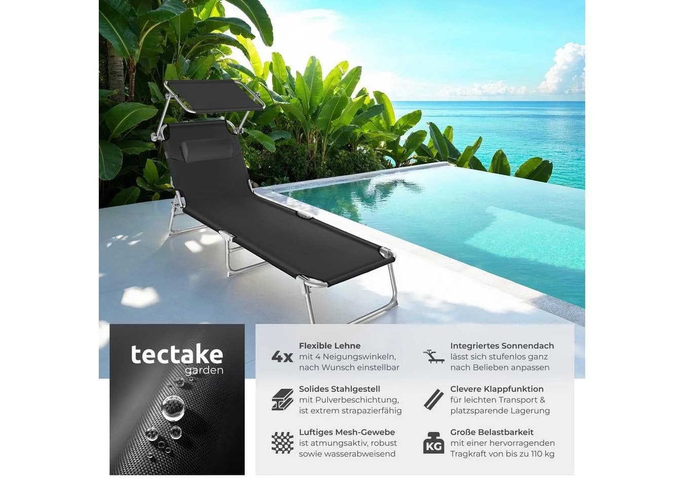 tectake 2er Set Gartenliege Chloé Schwarz Klappbar mit Sonnendach