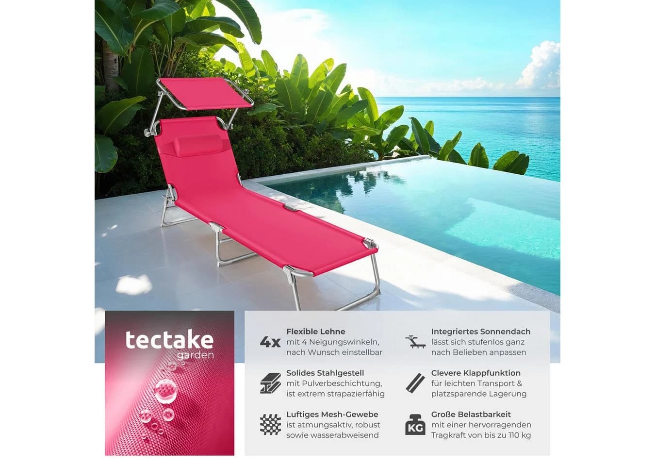 TECTAKE Gartenliege Chloé Rosa mit Sonnendach und verstellbarer Lehne