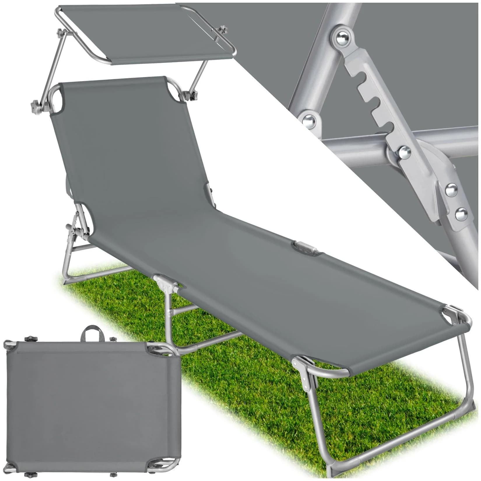 tectake Gartenliege Grau mit Sonnendach & Verstellbarer Lehne
