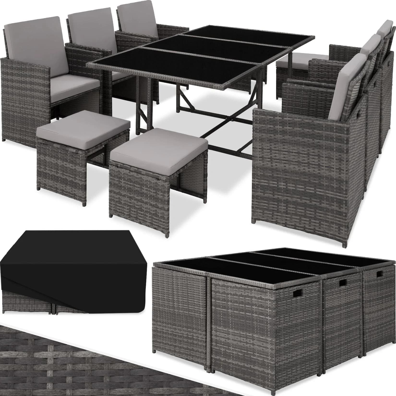 tectake Sitzgruppe Rattan 12-tlg. Grau/Beige Poly Rattan mit Kissen